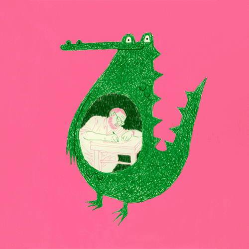 Illustration of an alligator smiling with a writer inside of its belly.