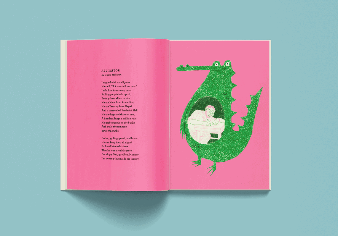 Book spread with an illustration of an alligator smiling with a writer inside of its belly.