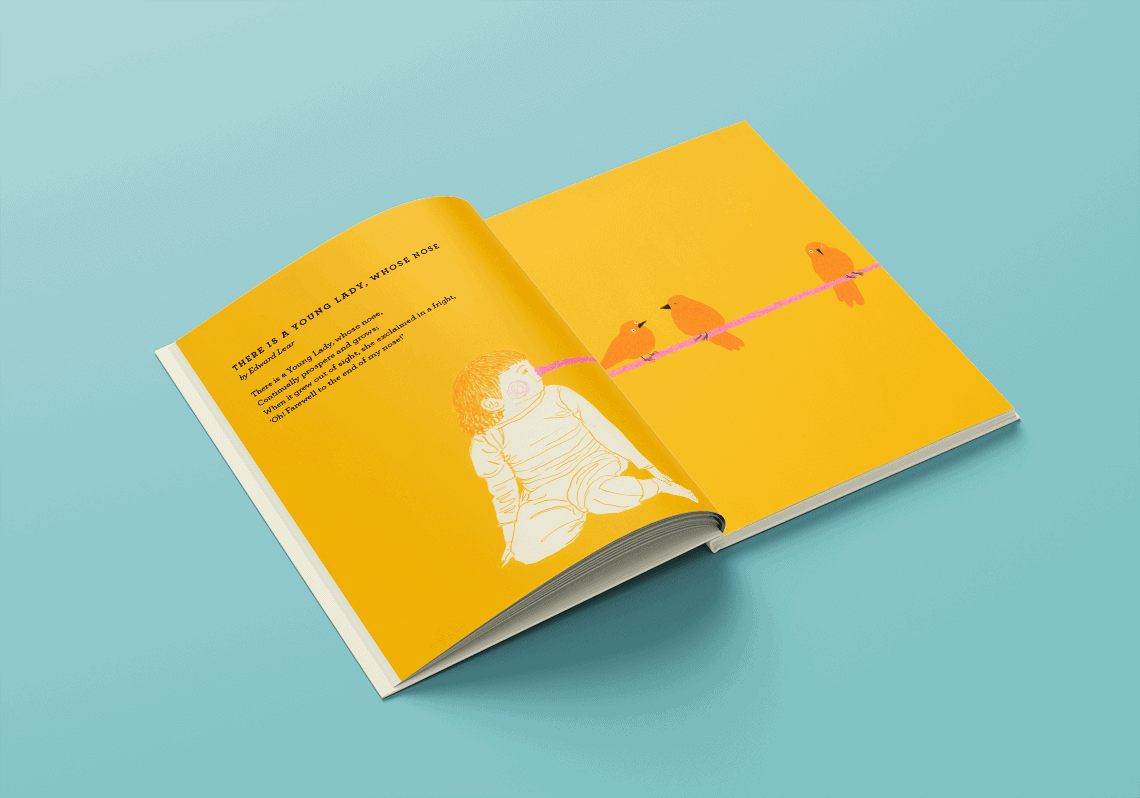 Book spread with an illustration of a girl with a really long nose where three birds hang on.