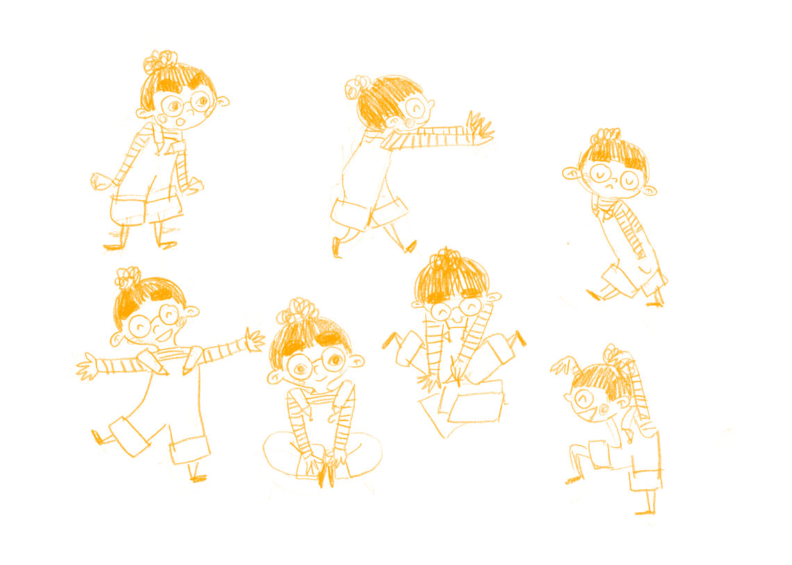 Character design sketches of a girl wearing glasses, overalls and a striped shirt.