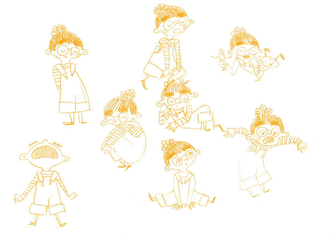 Character design sketches of a girl wearing glasses, overalls and a striped shirt.